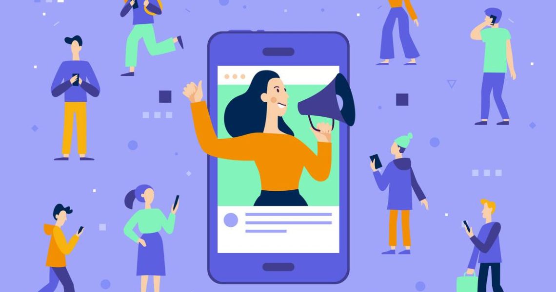 Vector illustration in flat simple style with characters – influencer marketing concept