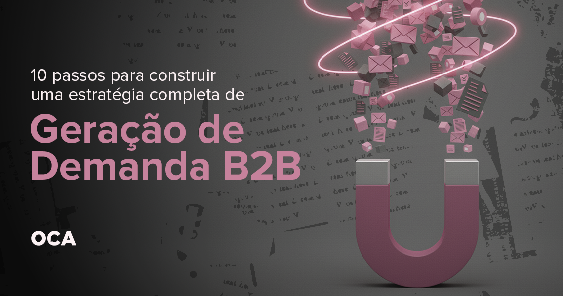 Imagem com ímã rosa atraindo ícones de e-mails e documentos, representando geração de demanda B2B.