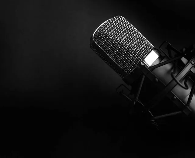Condenser black studio microphone on a black background. Streamer, podcasts, music background