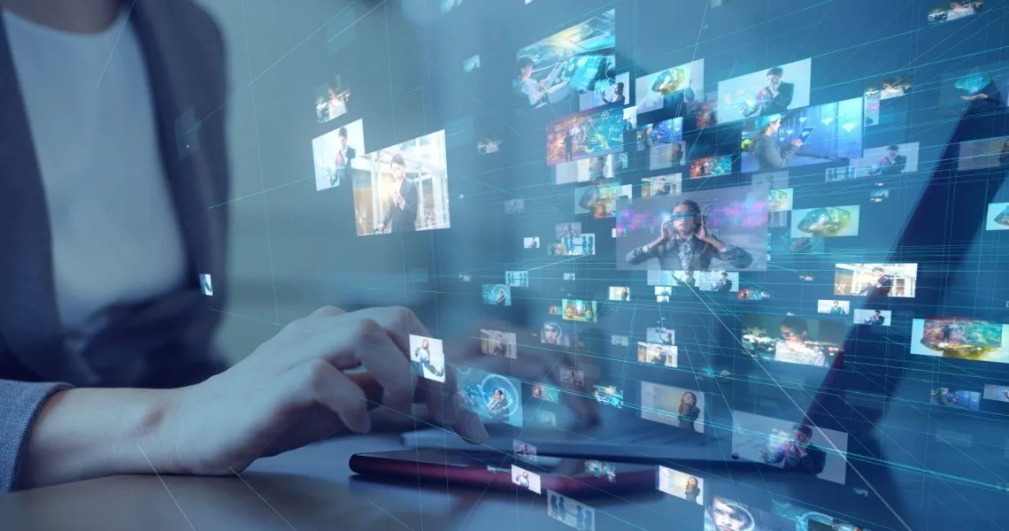 Social networking service concept. Streaming video. Video library.