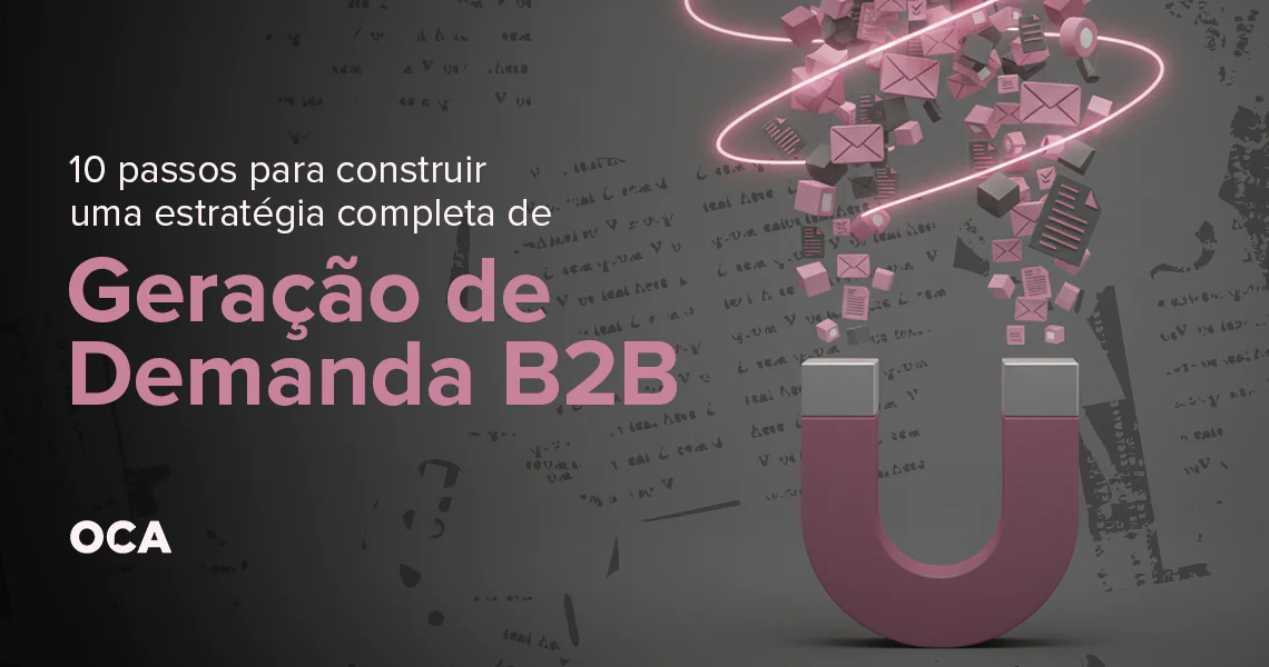 Imagem com ímã rosa atraindo ícones de e-mails e documentos, representando geração de demanda B2B.